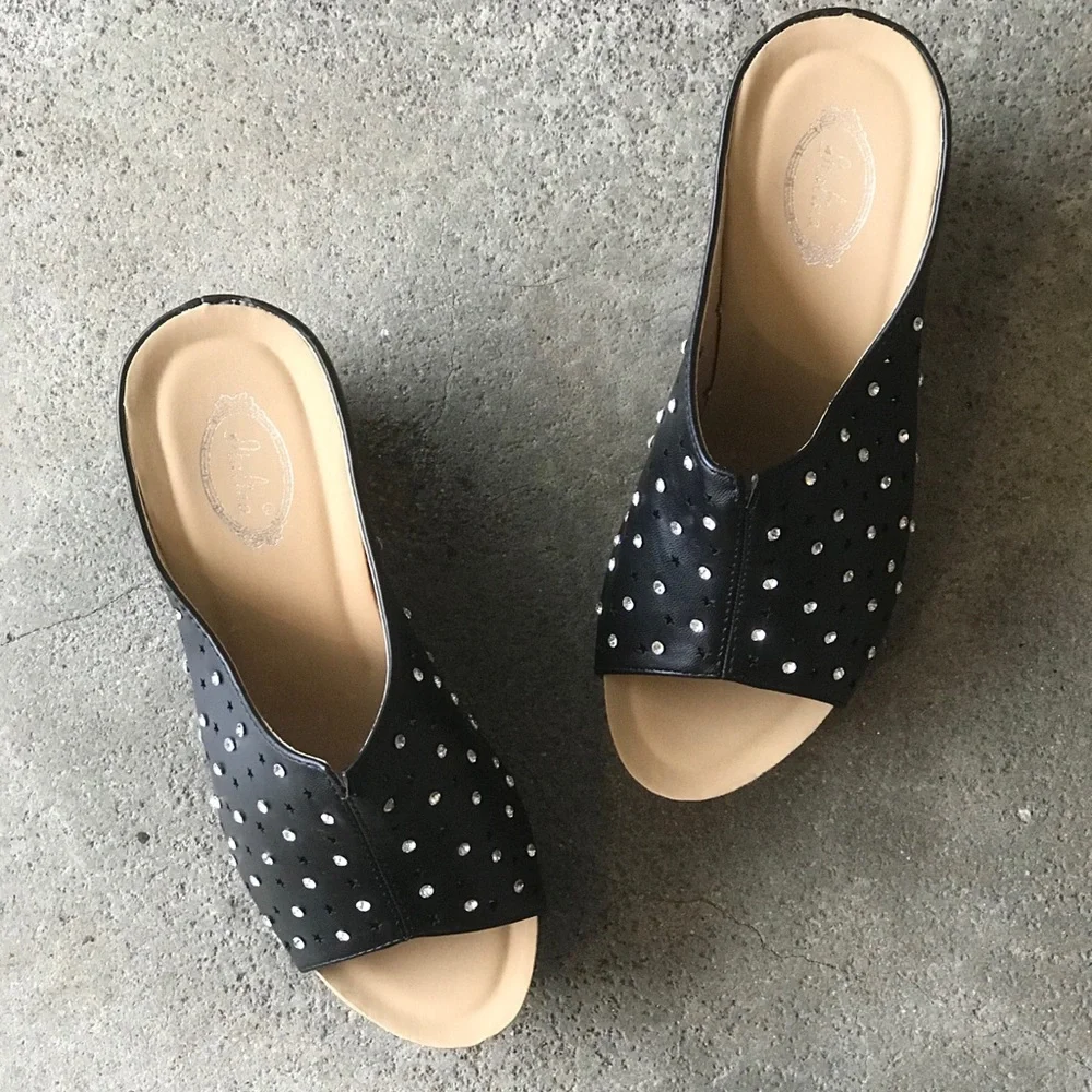 Italina Black Star Rhinestone Embellished Comfortable Chunky Platform Wedge Heel - Picture 7 of 9
